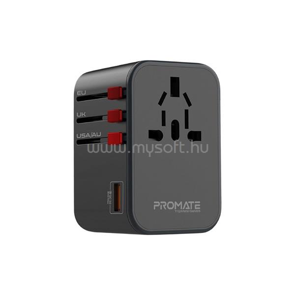 PROMATE Univerzális adapter - TRIPMATE GAN65 (1xUSB-A, 2xUSB-C, 65W PD, QC3.0, US/UK/EU dugó, fekete)