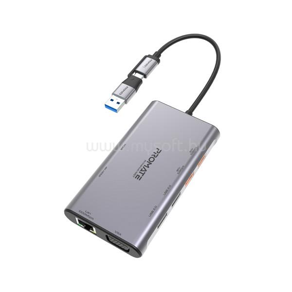 PROMATE USB Hub - PRIMEHUB MST (USB-C 9in1 HUB, 2x4K HDMI, VGA, 2xUSB 3.0, 1xUSB 2.0, 2xUSB-C, RJ45, adapter, szürke)