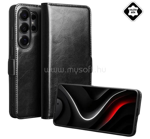 QIALINO Samsung S26 Ultra QIALINO tok álló, valódi bőr FLIP, asztali tartó, FEKETE
