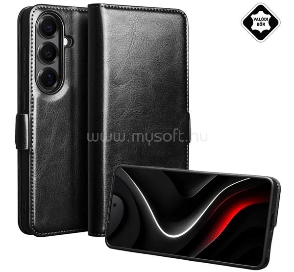 QIALINO Samsung S26 QIALINO tok álló, valódi bőr FLIP, asztali tartó, FEKETE