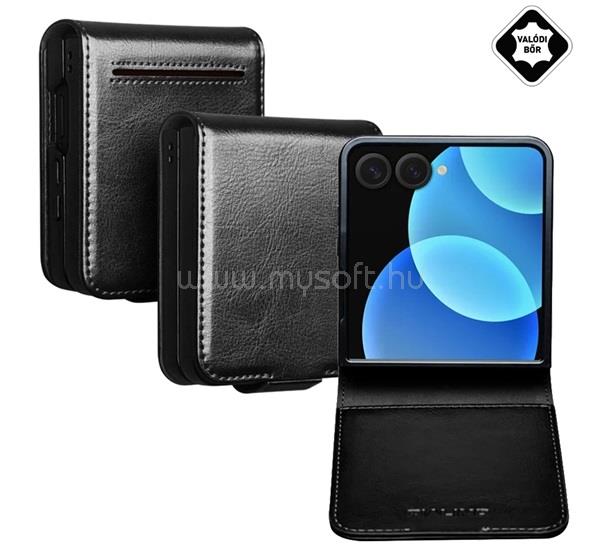 QIALINO Samsung Z Flip8 QIALINO tok álló, valódi bőr FLIP, asztali tartó, FEKETE
