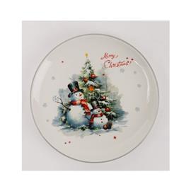 QX IMPEX KFT IRIS kerámia tányér, hóemberek a karácsonyfa előtt, "merry christmas" felirat 25 cm QX_IMPEX_KFT_172936 small