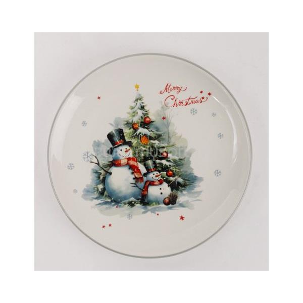 QX IMPEX KFT IRIS kerámia tányér, hóemberek a karácsonyfa előtt, "merry christmas" felirat 25 cm