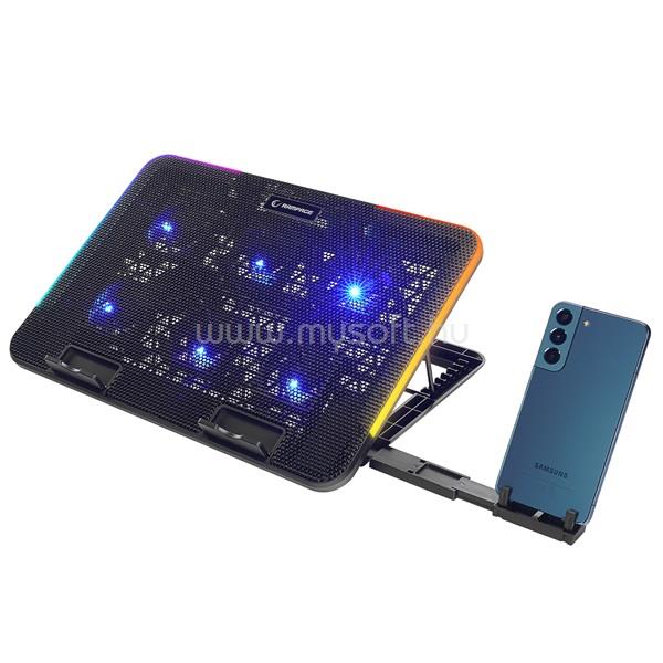 RAMPAGE SIXPOWER R9 notebook hűtőpad 15,6"-ig (fém rács; 6xventi, RGB, 2xUSB-A, kék LED)