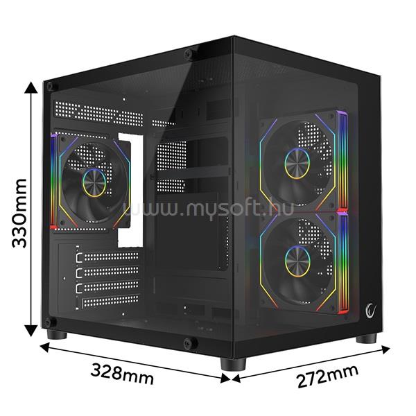 RAMPAGE Számítógépház - LUMID (fekete; ablakos; BTF, mATX, alsó táp, 3x120mm A-RGB)