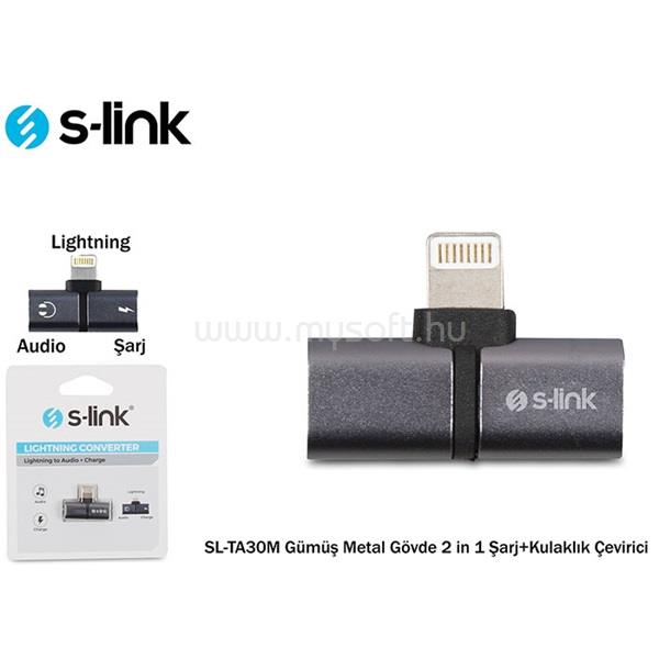 S-LINK Átalakító - SL-TA30M (Bemenet: Lightning, Kimenet: 2xLightning, iphone töltés és fejhallgató, fém, szürke)