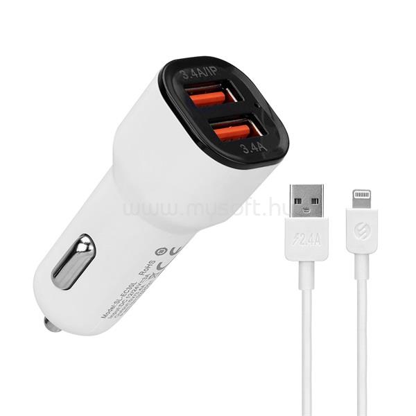 S-LINK Autós töltő  -  SL-EC30L  (2db USB, 5V/2.4A/3,4A, 17W, Lightning, 100cm adat+töltőkábel, fehér)