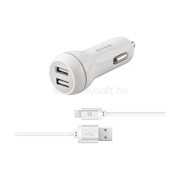 S-LINK Autós töltő  -  SW-C530  (2db USB, 5V/2.1A, 5W, Micro USB, 100cm adat+töltőkábel, fehér)