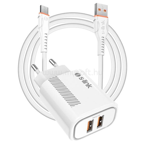 S-LINK Hálózati töltő - SL-EC50 (2xUSB, 5V/2.4A, 12W, Gyorstöltés, Micro-USB 100cm adat+töltőkábel, fehér)