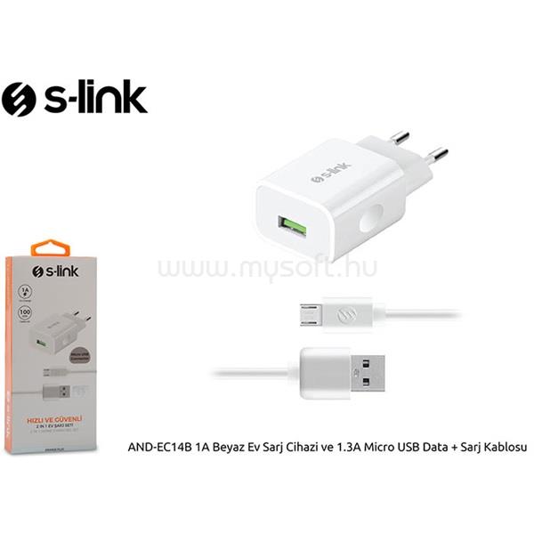 S-LINK Telefon töltő  -  AND-EC14B  (1db USB, 5V/1.3A, 5W, Micro USB 100cm adat+töltőkábel, fehér)