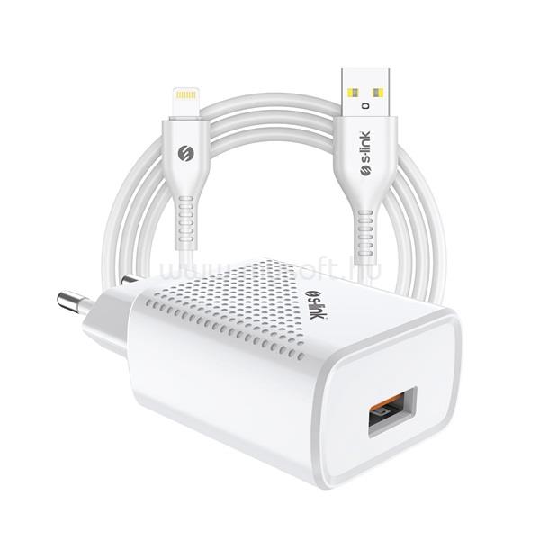 S-LINK SL-EC40L telefon töltő (1db USB, 5V/2.4A, 12W, Gyorstöltés, Lightning-USB 100cm adat+töltőkábel, fehér)