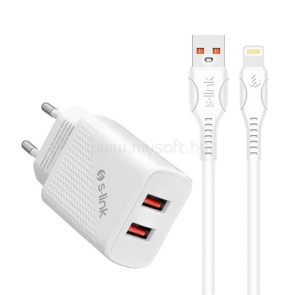 S-LINK Telefon töltő - SL-EC50L (2db USB, 5V/3A, 12W, Gyorstöltés, Lightning, 100cm adat+töltőkábel, fehér)
