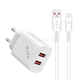 S-LINK Telefon töltő - SL-EC50T (2db USB, 5V/2.4A, 12W, Gyorstöltés, USB Type-C, 100cm adat+töltőkábel, fehér) S-LINK_35313 small