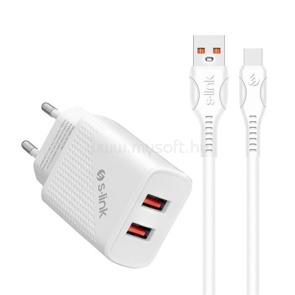 S-LINK Telefon töltő - SL-EC50T (2db USB, 5V/2.4A, 12W, Gyorstöltés, USB Type-C, 100cm adat+töltőkábel, fehér)