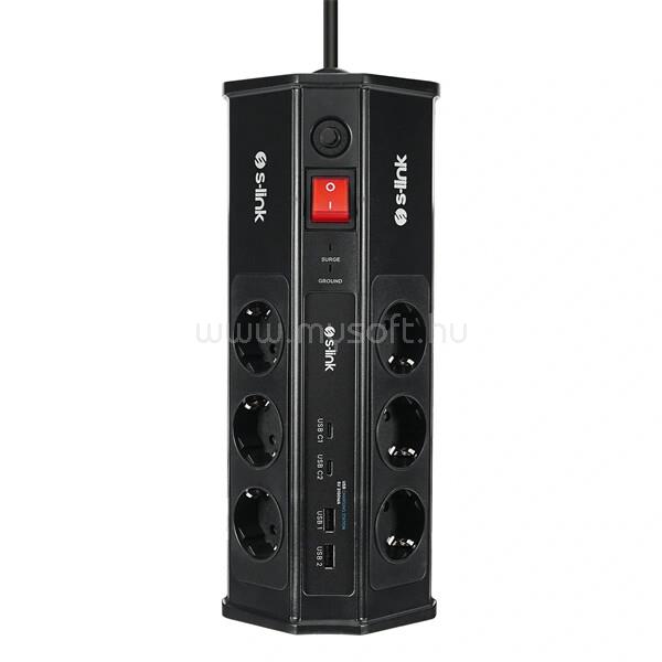 S-LINK Túlfeszültségvédő - PRZ03 (3m, 630 Joule, 2xUSB-A, 2xType-C, 2.4A/5V, 6000V, 6db schuko)