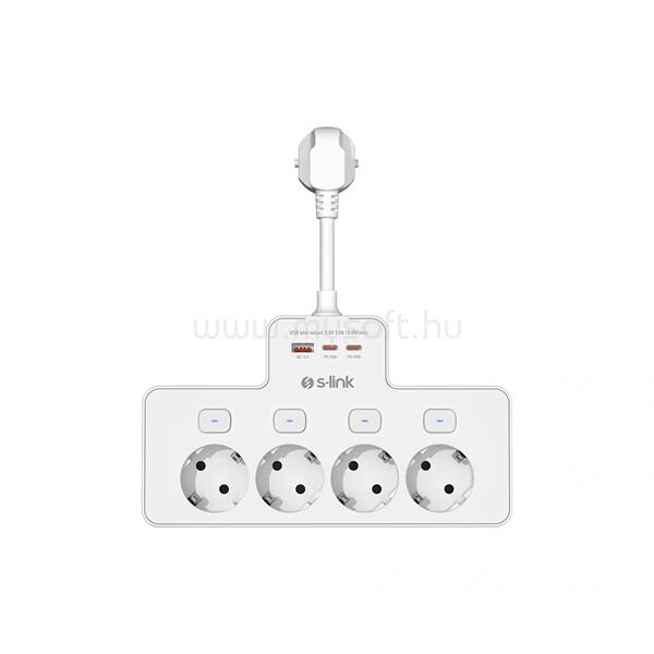 S-LINK Túlfeszültségvédő - PRZ08 (15cm, 210 Joule, USB-A, 2xType-C, 16A, 3.4A/5V, 3680W, 4db schuko, fehér)