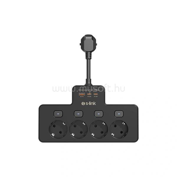 S-LINK Túlfeszültségvédő - PRZ08 (15cm, 210 Joule, USB-A, 2xType-C, 16A, 3.4A/5V, 3680W, 4db schuko, fekete)