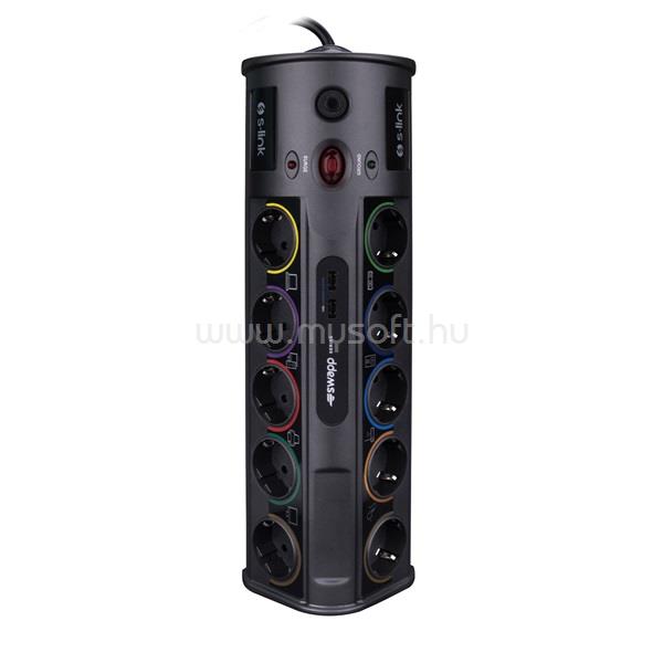 S-LINK Swapp SP10AF túlfeszültségvédő (10 aljzat, max.3680 Watt, 1860 Joule, 2xUSB, gyermekvédelem, 1,8m kábel,fekete)