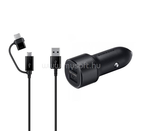 SAMSUNG autós töltő 2 USB aljzat 15W, LED + Type-C/microUSB kábel, FEKETE