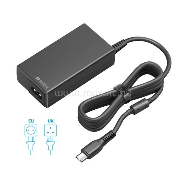 SANDBERG Hálózati adapter 65W - USB-C AC Charger PD65W EU+UK (Max.: 65W, Kimenet: USB-C, túlfeszültség védelem)