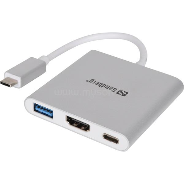 SANDBERG USB-C Mini Dock HDMI+USB (ezüst; USB-C bemenet; HDMI+USB3.0+USB-C power kimenet)