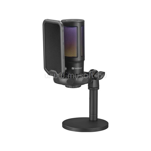 SANDBERG Mikrofon - Streamer USB Microphone RGB (USB-C; Cardioid; RGB, 3,5 mm Jack fejhallgató kimenet, fekete)