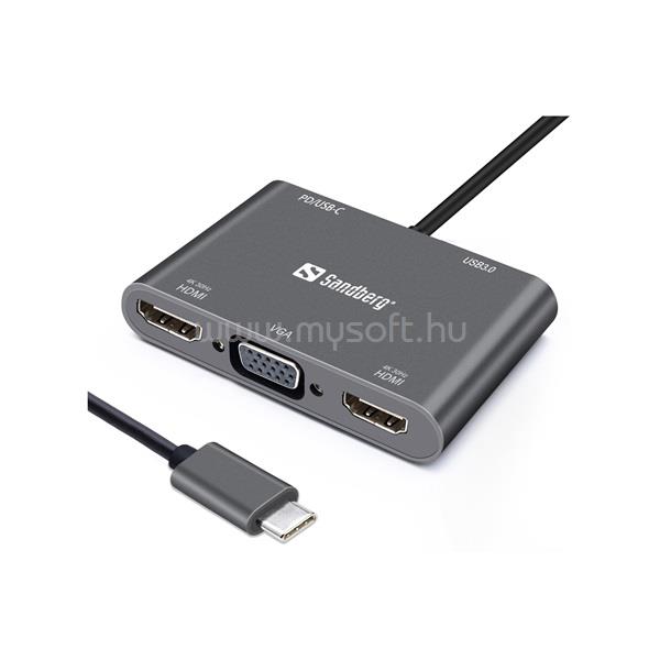 SANDBERG USB-C tartozék, USB-C Dock 2xHDMI+1xVGA+USB+PD