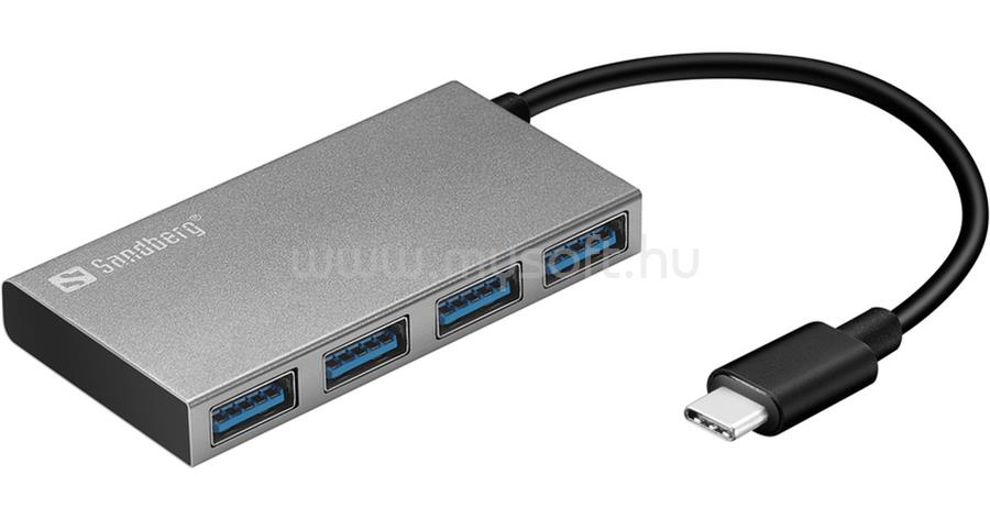 SANDBERG USB-C to 4xUSB3.0 Pocket Hub USB Hub (ezüst; USB-C bemenet; 4port USB3.0 kimenet, aluminium)