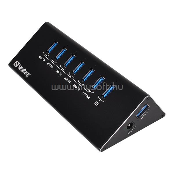 SANDBERG USB3.0 Hub 6+1 port (fekete; 6adat + 1töltő port; 0,7m kábel; + power adapter)