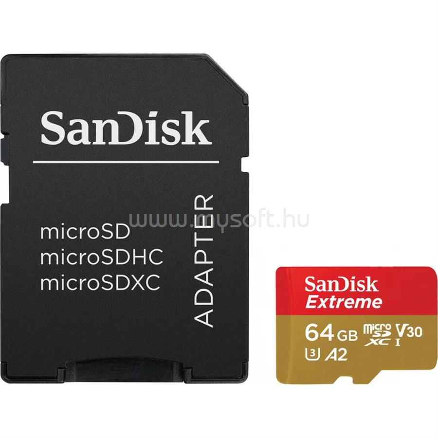 SANDISK EXTREME MICROSDXC 64GB + SD ADAPTER 160 MB/s 60 MB/s Class10 UHS-I U3 V30 memóriakártya