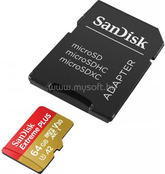 SANDISK EXTREME PLUS MICROSDXC 64GB + SD ADAPTER 200MB/S 90MB/S Class 10 UHS-I U3 V30 memóriakártya