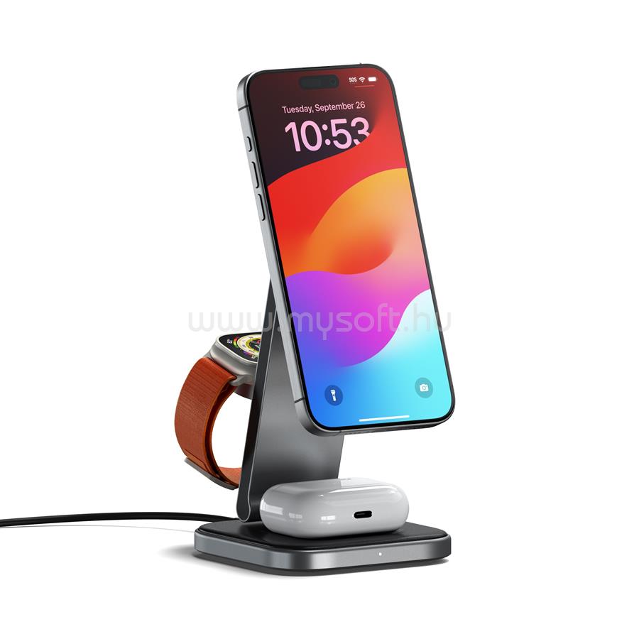 SATECHI 3-in-1 Foldable Qi2 Wireless Charging Stand with Type A,C,G plugs - Space Gray