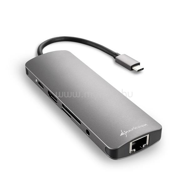 SHARKOON Notebook Dokkoló - USB-C Docking Station (USB-C bemenet, HDMI/3xUSB3.0/RJ-45/3.5 mm Jack/Kártyaolvasó)