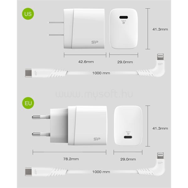 SILICON POWER Telefon töltő - QM10 Type-C töltő + LK20CL Type-C -Lightning Kábel (18W töltő, 1m kábel, EU verzió)