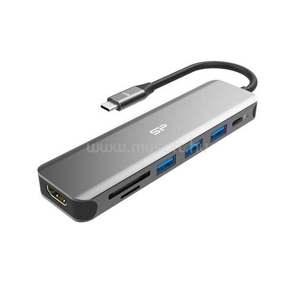 SILICON POWER USB HUB - Type-C 7in1 HUB  (1db HDMI, 1db MicroSD, SD kártya, 3db  USB3.0, 1db Type-C ) Fekete