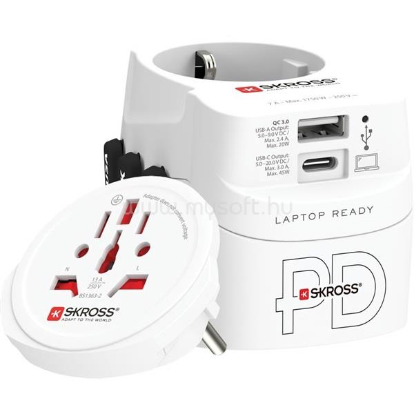 SKROSS 1.302474 PRO Light 45W USB-A/USB-C világutazó adapter + Type-C kábel (fehér)