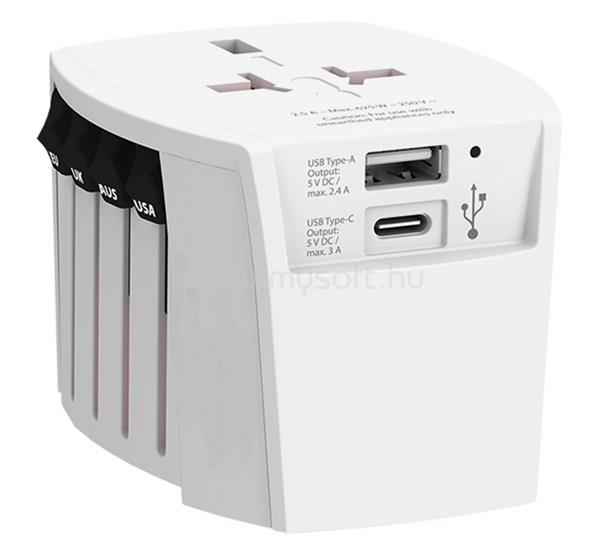 SKROSS MUV utazó töltő USB+Type-C aljzat 250V/2.5A, földelt, FEHÉR