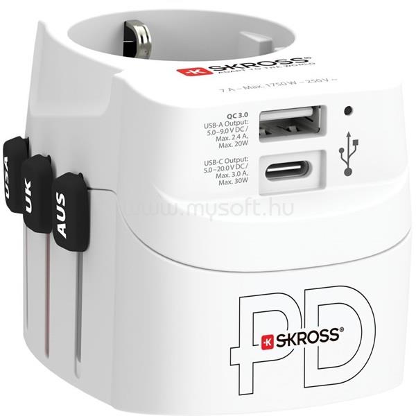 SKROSS USB A/USB C töltő bemenettel földelt világutazó adapter