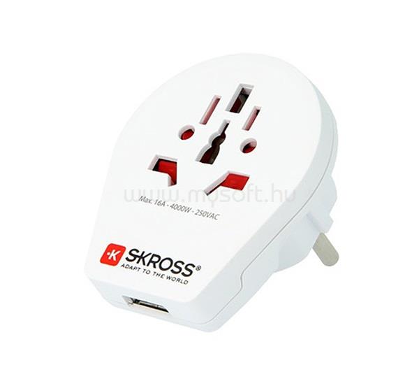 SKROSS SKROSS utazó adapter USB aljzat 240V/16A, földelt, FEHÉR
