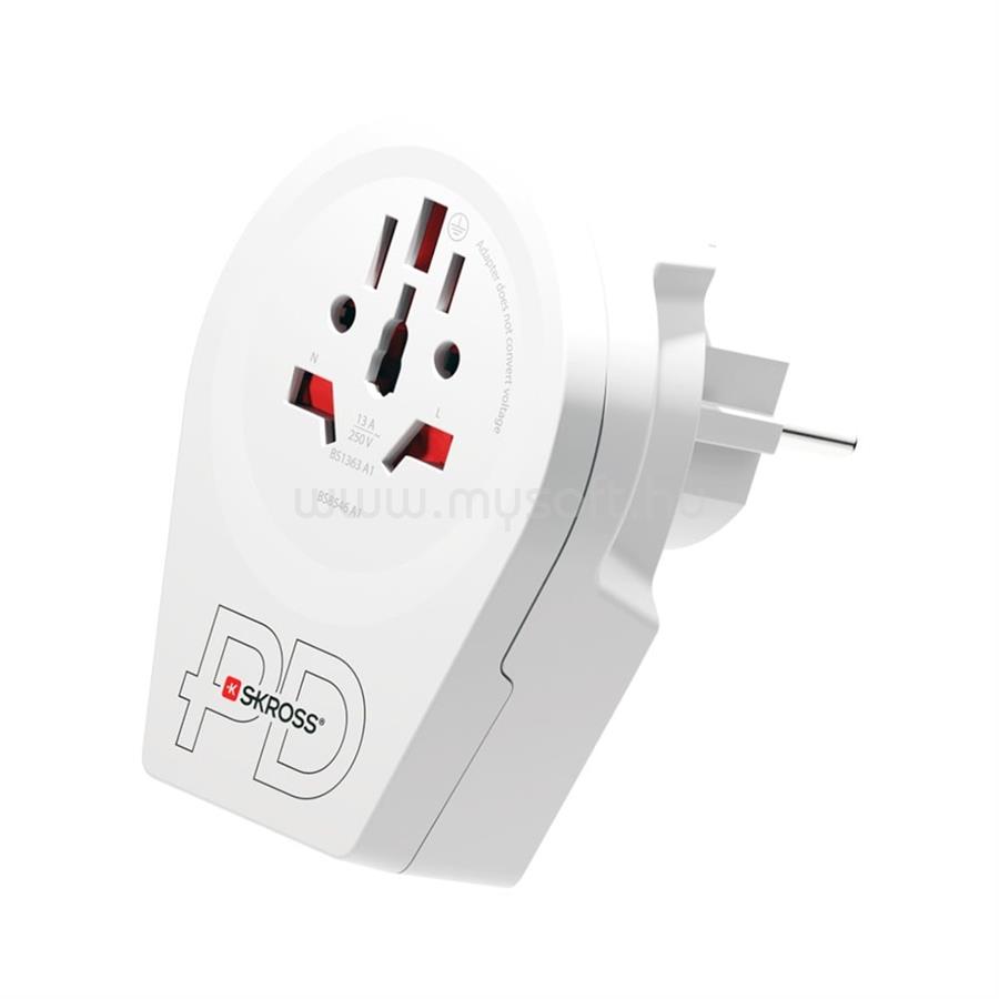 SKROSS utazó töltő USB+Type-C aljzat 250V/2.4A, földelt, FEHÉR
