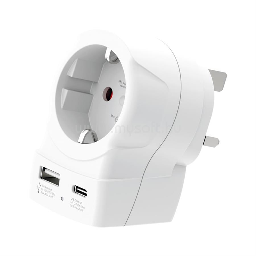 SKROSS utazó töltő USB+Type-C aljzat 250V/2.5A, földelt, FEHÉR