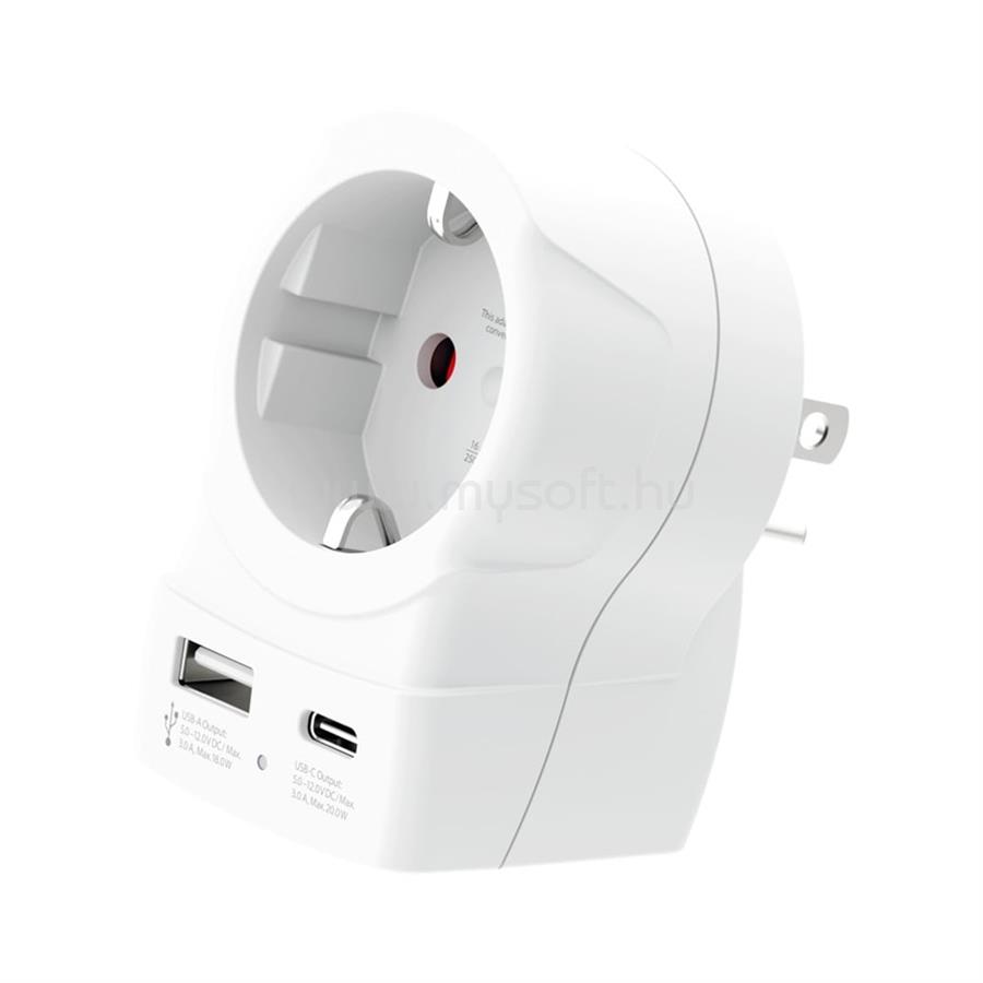SKROSS utazó töltő USB+Type-C aljzat 250V/2.5A, földelt, FEHÉR