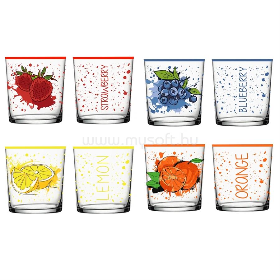 SOLMAZER IRIS mintás üveg pohár 345ml, Blueberries, Lemon vagy Orange minta (1db)