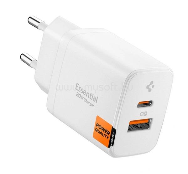 SPIGEN ESSENTIAL EE202EU hálózati töltő USB+Type-C aljzat 20W, gyorstöltő, FEHÉR