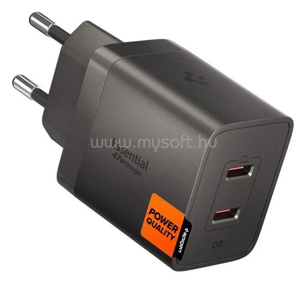 SPIGEN ESSENTIAL EE472EU-GAN hálózati töltő 2 Type-C aljzat 47W, PD gyorstöltő, SÖTÉTSZÜRKE