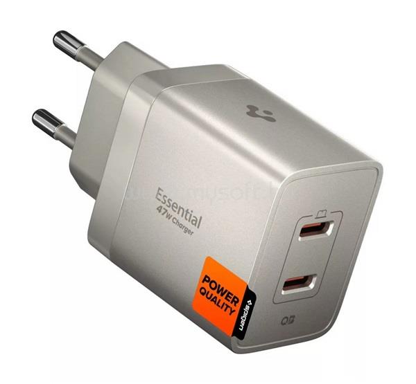 SPIGEN ESSENTIAL EE472EU-GAN hálózati töltő 2 Type-C aljzat 47W, PD gyorstöltő, TITÁNIUM