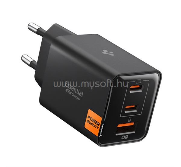 SPIGEN SPIGEN ESSENTIAL EE473EU hálózati töltő USB+2 Type-C aljzat 47W, PD gyorstöltő 3.0, FEKETE