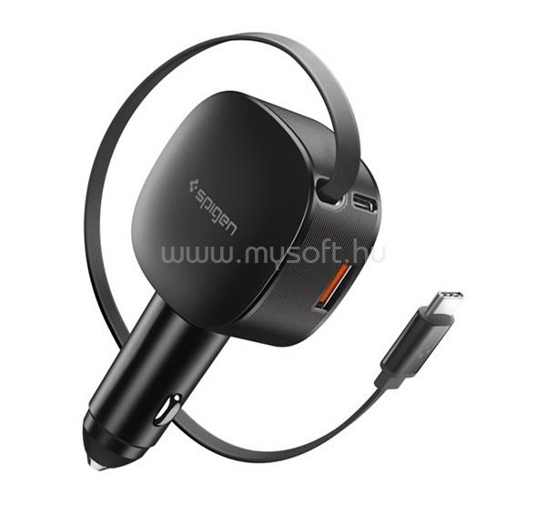 SPIGEN ESSENTIAL EV603BT autós töltő USB+Type-C aljzat 60W, gyorstöltő + fix Type-C kábel, FEKETE