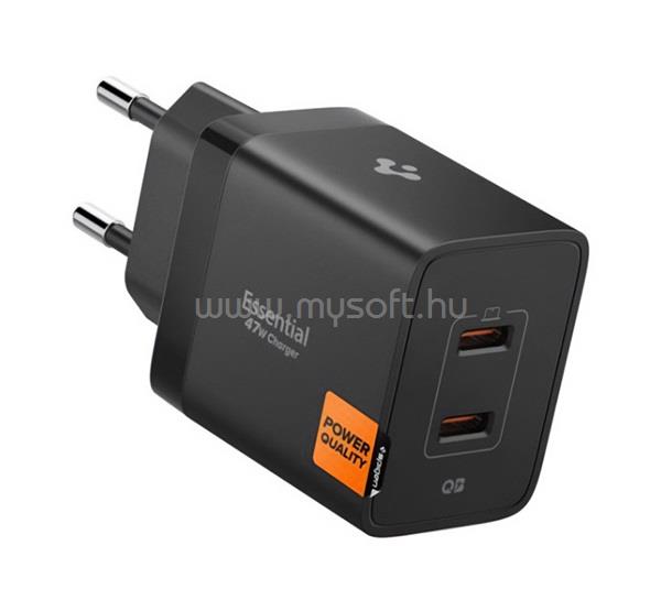 SPIGEN ESSENTIAL hálózati töltő 2 USB aljzat 47W, PD gyorstöltő 3.0, FEKETE