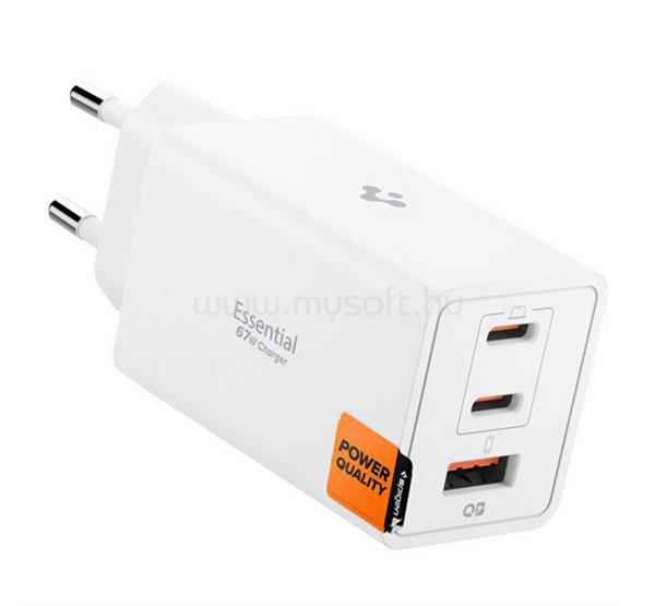 SPIGEN ESSENTIAL hálózati töltő USB+2 Type-C aljzat 67W, PD gyorstöltő 3.0, FEHÉR